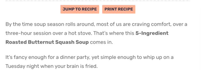 Styled Jump to Recipe and Print Recipe buttons at the top of a WordPress blog post.