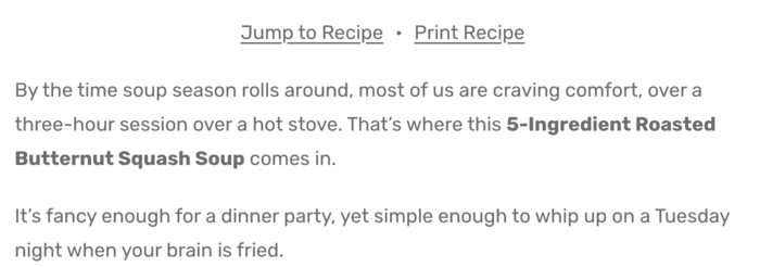 Simple text-based Quick Links for Jump to Recipe and Print Recipe at the top of a recipe post.