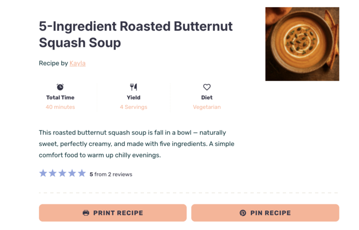 A WP Tasty recipe card for butternut squash soup featuring a prominent Print Recipe Button and Pin Recipe button.