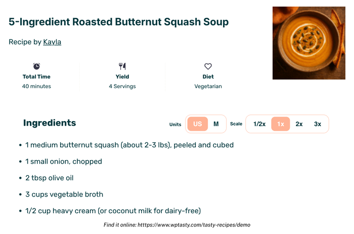 A clean recipe print preview showing automatic scaling options and the blog URL at the bottom for offline brand visibility.