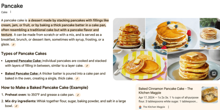 Google search results for "pancake" showing an AI-generated knowledge panel with definitions and recipe types pushing food blog results further down the page