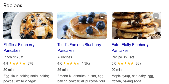Google search results for basic blueberry pancake recipe showing a food blog recipe carousel at the top of the page with no AI Overview present