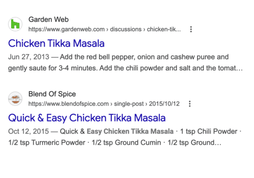 Google search results for chicken tikka masala showing plain blue link results on page three with no recipe rich result card