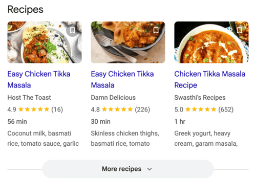 Google search results showing a chicken tikka masala recipe rich result with star rating, cook time, calorie count, and thumbnail image above the fold