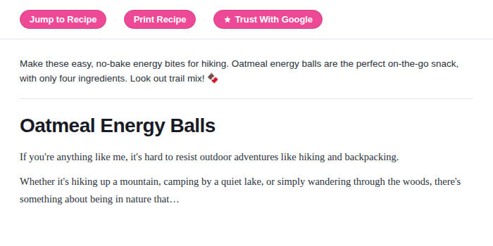 A recipe post Quick Links bar showing "Jump to Recipe · Print Recipe · Trust With Google," buttons