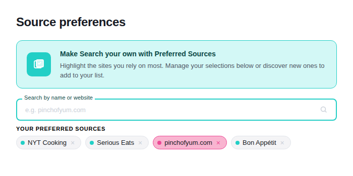 A graphic re[resenting Google's Source Preferences page with the heading "Make Search your own with Preferred Sources" and a search field labeled "Search by name or website."