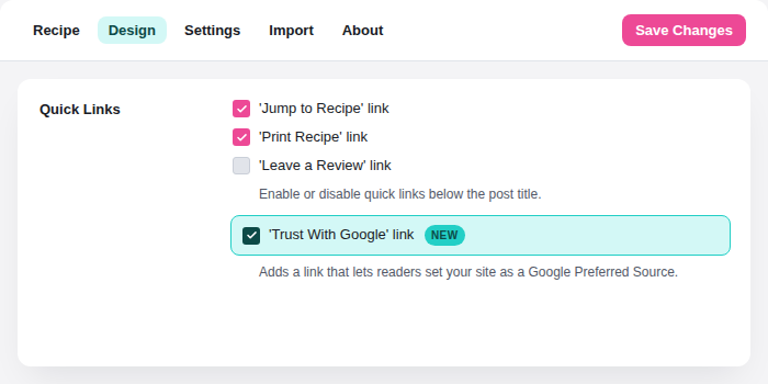 The Tasty Recipes Quick Links settings panel with "Trust With Google" link enabled and highlighted.