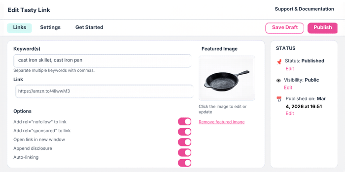 Tasty Links editor showing cast iron skillet keyword, Amazon affiliate URL, product image, and auto-linking toggle