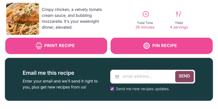 Tasty Recipes card showing the Email me this recipe / Save this recipe prompt with email input and Send button