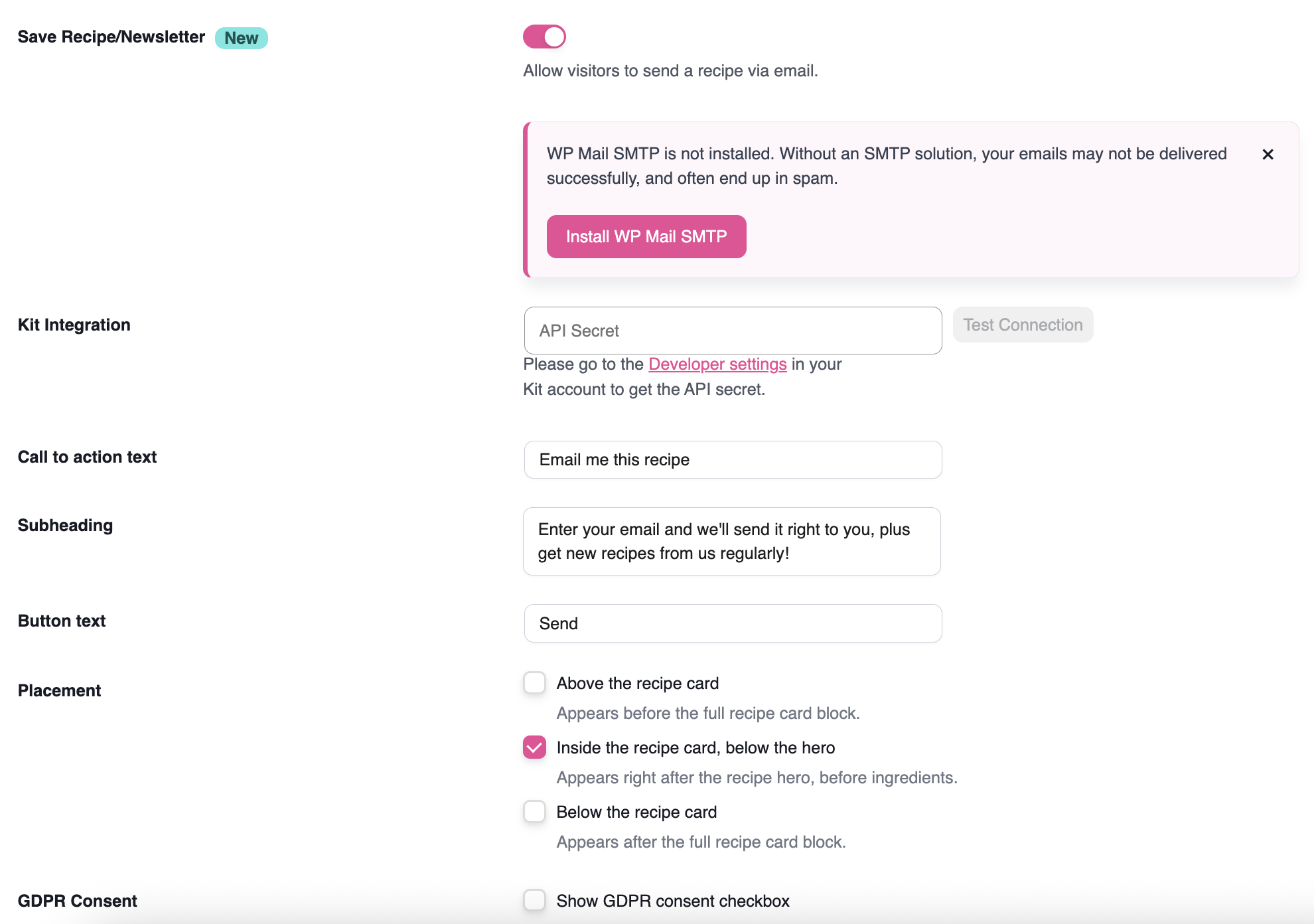 Save This Recipe settings in Tasty Recipes