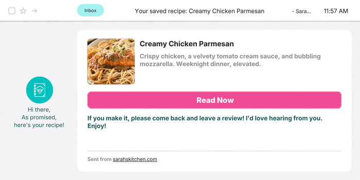 Gmail inbox row above a branded recipe email with photo, title, and pink Read Now button