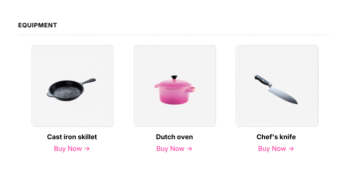 Tasty Recipes equipment section with cast iron skillet, Dutch oven, and chef's knife affiliate links