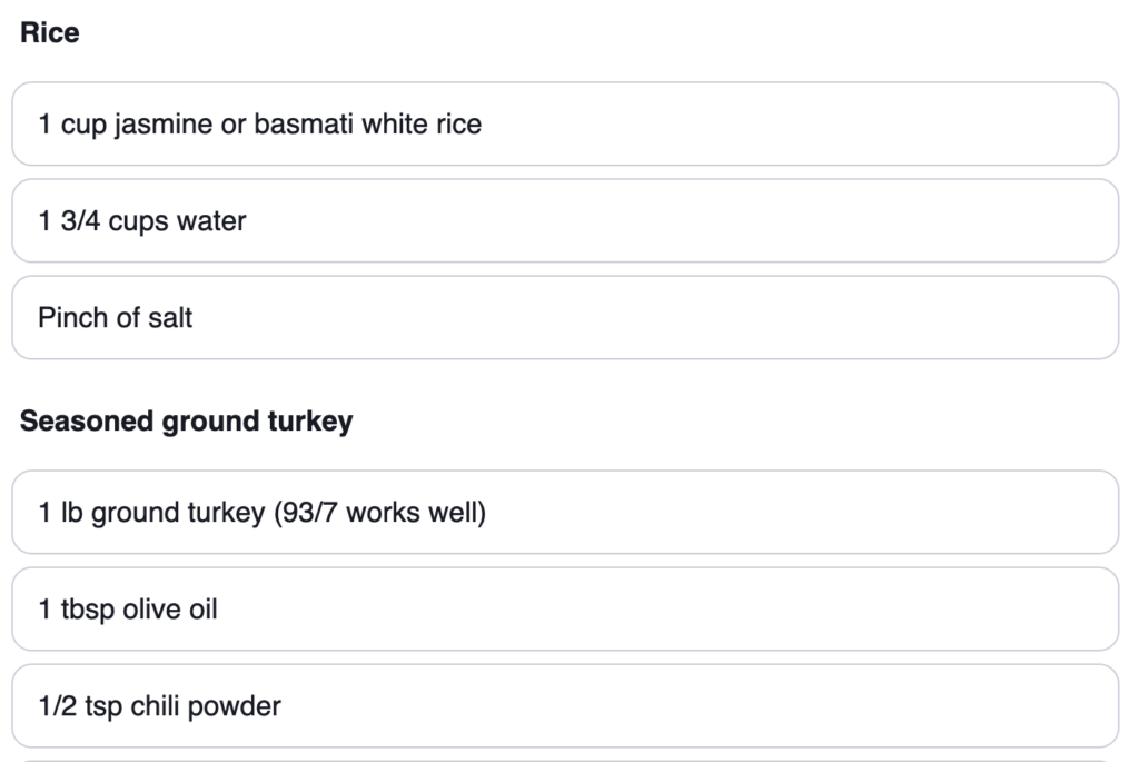 New Tasty Recipes ingredient builder, showing 'Rice' and 'Seasoned ground turkey' as bold section titles, each with separate ingredient fields.