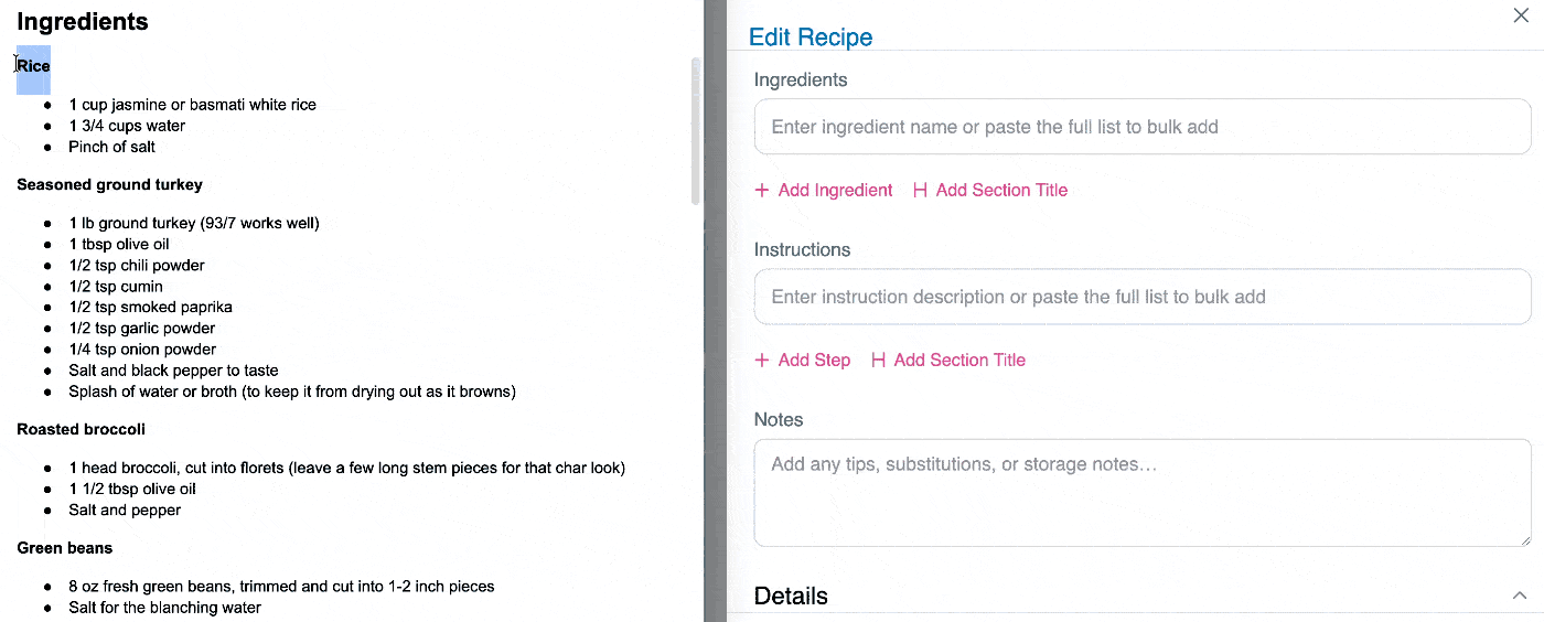 A gif showing a recipe doc with multiple sections is pasted into the new Tasty Recipes builder, which auto-fills the ingredients and headings.