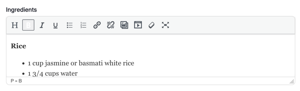 Old Tasty Recipes ingredient box, showing a pasted list running together in one text field instead of separate ingredient lines.