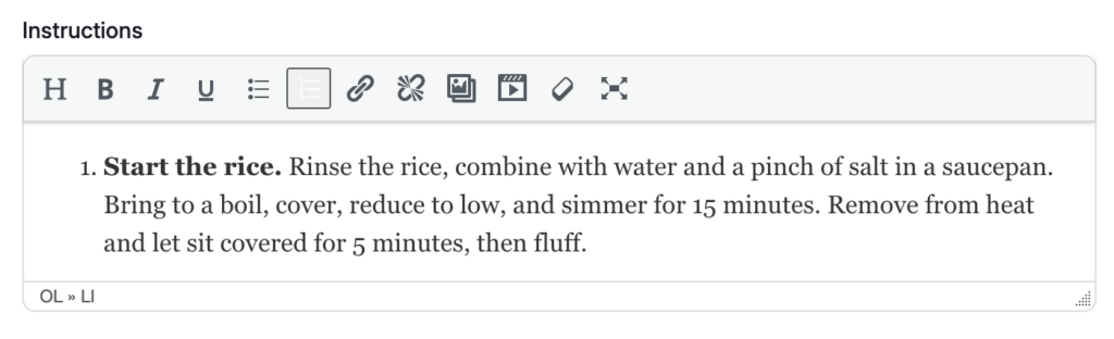 Old Tasty Recipes instructions editor, showing a numbered step with a bolded lead-in ('Start the rice') and full formatting toolbar above it.