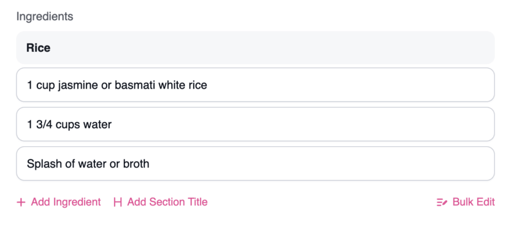 A screenshot of the Tasty Recipes builder with the ingredients bulk edit button in the bottom right hand corner