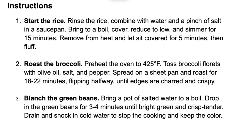 Recipe instructions in a document, numbered 1 to 3 with bold step names like Start the rice.