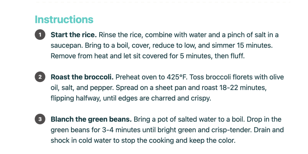 The same recipe instructions on a Tasty Recipes recipe card, renumbered automatically.